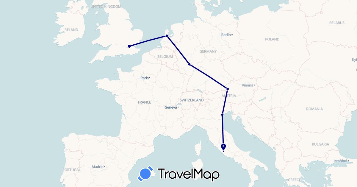 TravelMap itinerary: driving in Austria, Germany, United Kingdom, Italy, Netherlands (Europe)